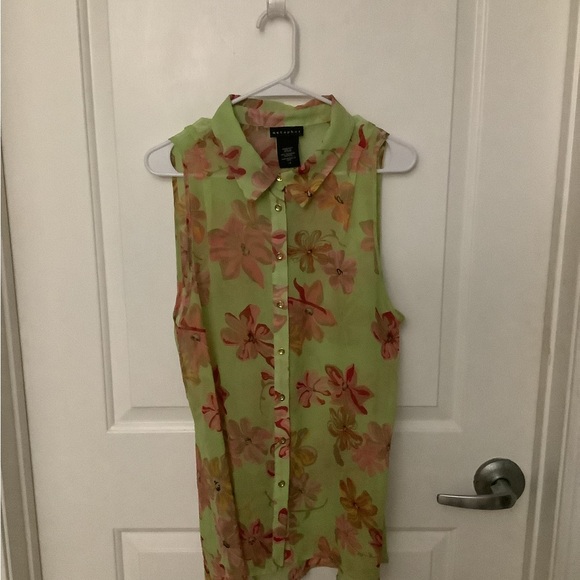 Women's Sheer Grn Metaphor Sleeveless  Floral Collared Button Up Blouse Sz L/G - Picture 1 of 3